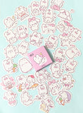pink and white cute kawaii bunny rabbit mini sticker flakes box of 45 stickers flake bunnies rabbits spring stationery uk bow bows carrot mushroom heart hearts