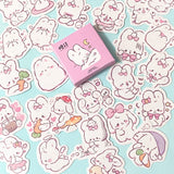 pink and white cute kawaii bunny rabbit mini sticker flakes box of 45 stickers flake bunnies rabbits spring stationery uk bow bows carrot mushroom heart hearts