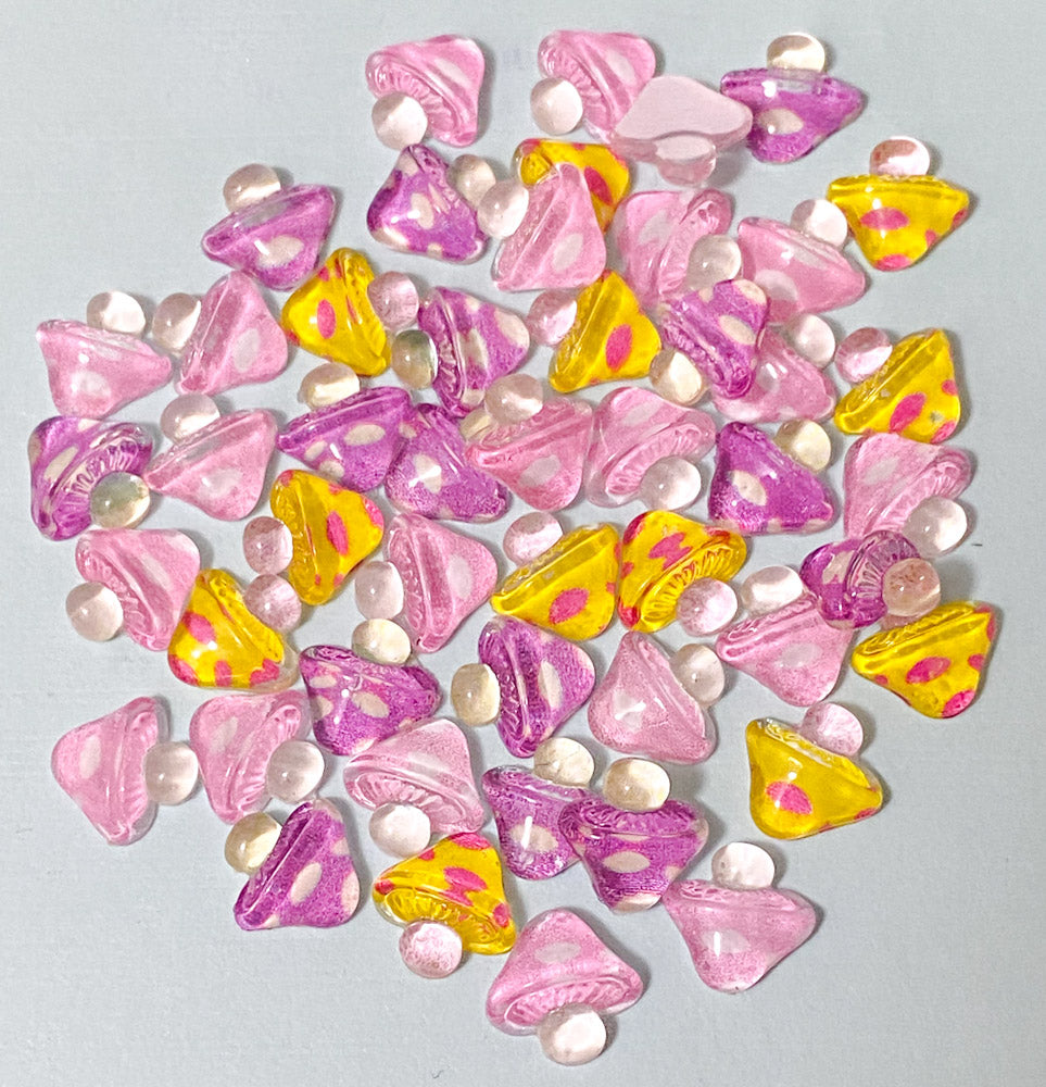 mini 10mm resin acrylic mushroom mushrooms flatback flat backs fbs embellishment uk cute kawaii craft supplies pink lilac purple yellow little small decoden