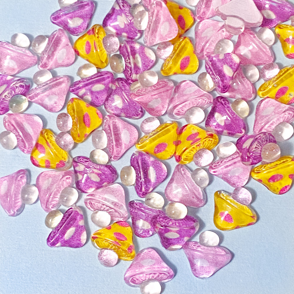 mini 10mm resin acrylic mushroom mushrooms flatback flat backs fbs embellishment uk cute kawaii craft supplies pink lilac purple yellow little small decoden