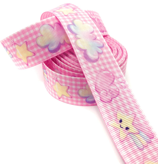 pink kawaii ribbon gingham cloud clouds heart hearts shooting star happy stars 25mm wide ribbons uk craft supplies