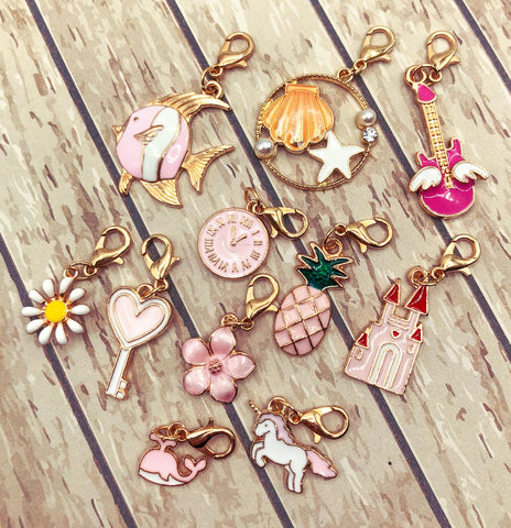 pink and white enamel enamelled planner clip clips charm charms stitch markers gold tone metal uk cute kawaii planning accessories gifts flower unicorn whale fish
