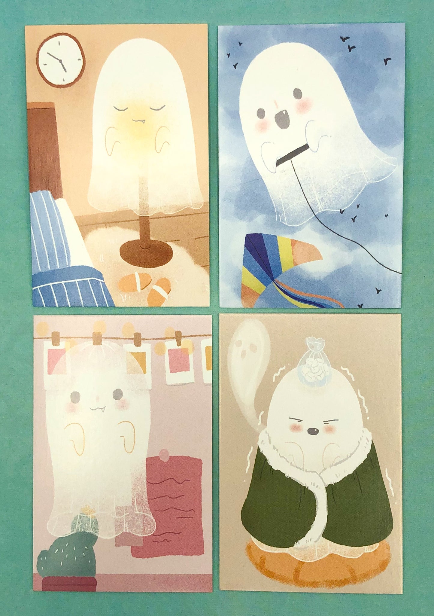 ghost mini lomo cards postcards card ghosts kawaii packs of 4 cute small postcard stationery uk flying kite winter lampshade