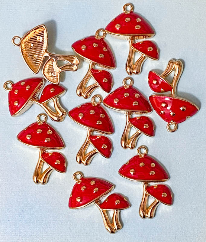 mushroom mushrooms enamel gold tone charm charms red spotted spots fungi toadstool toadstools uk cute kawaii craft supplies pair two enamelled metal