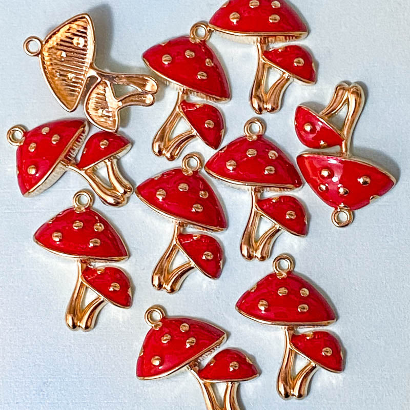 mushroom mushrooms enamel gold tone charm charms red spotted spots fungi toadstool toadstools uk cute kawaii craft supplies pair two enamelled metal