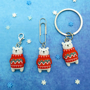 handmade hand made cute kawaii white polar bear resin charm planner clip clips charms keyring key ring uk gift gifts planning accessories red jumper festive christmas snowy winter silver tone metal paper