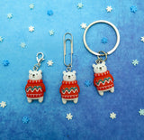 handmade hand made cute kawaii white polar bear resin charm planner clip clips charms keyring key ring uk gift gifts planning accessories red jumper festive christmas snowy winter silver tone metal paper
