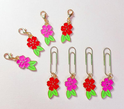 planner clip paper charm charms bright red cerise pink hot flowers leaf leaves hibiscus uk cute kawaii gift gifts handmade hand made planning gold tone metal enamel