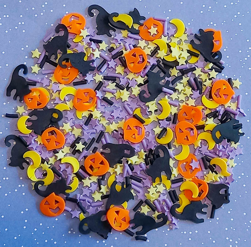 halloween spooky polymer clay sprinkle sprinkles slice slices mixed bags pumpkin pumpkins black cat cats purple star stars hundreds and thousands moon moons crescent yellow orange purple lilac uk cute kawaii craft supplies
