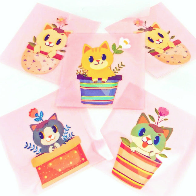Cellophane Bags Set of 5/10/20 -Pink Flower Pot Cats