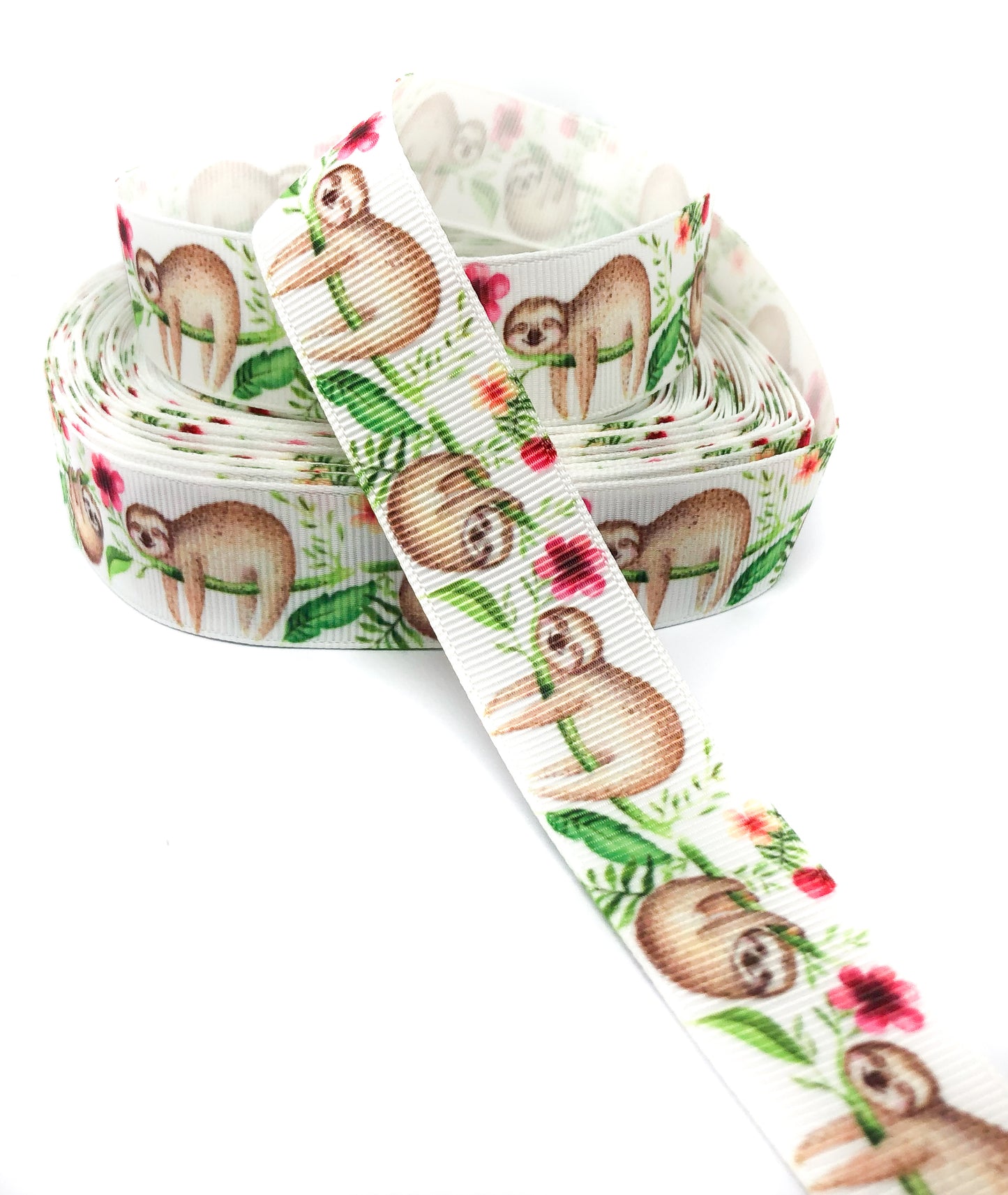 sloth sloths on white 22mm grosgrain ribbon one yard ribbons