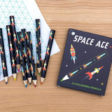 space ace box of 10 mini small colouring crayons pencil crayons uk cute kawaii gift gifts kids children stocking filler black stars sky galaxy rocket