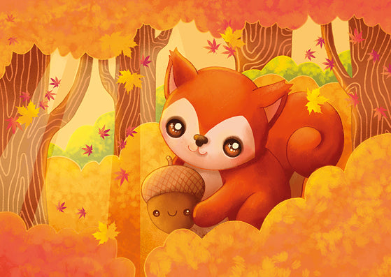 eco recycled handmade art postcard kawaii squirrel squirrels uk cards hand made artist exclusive orange autumn leaf leaves wood woodland acorn red warm nature tree trees falling leaves cute kawaii stationery postcards sugarmochi sugar mochi
