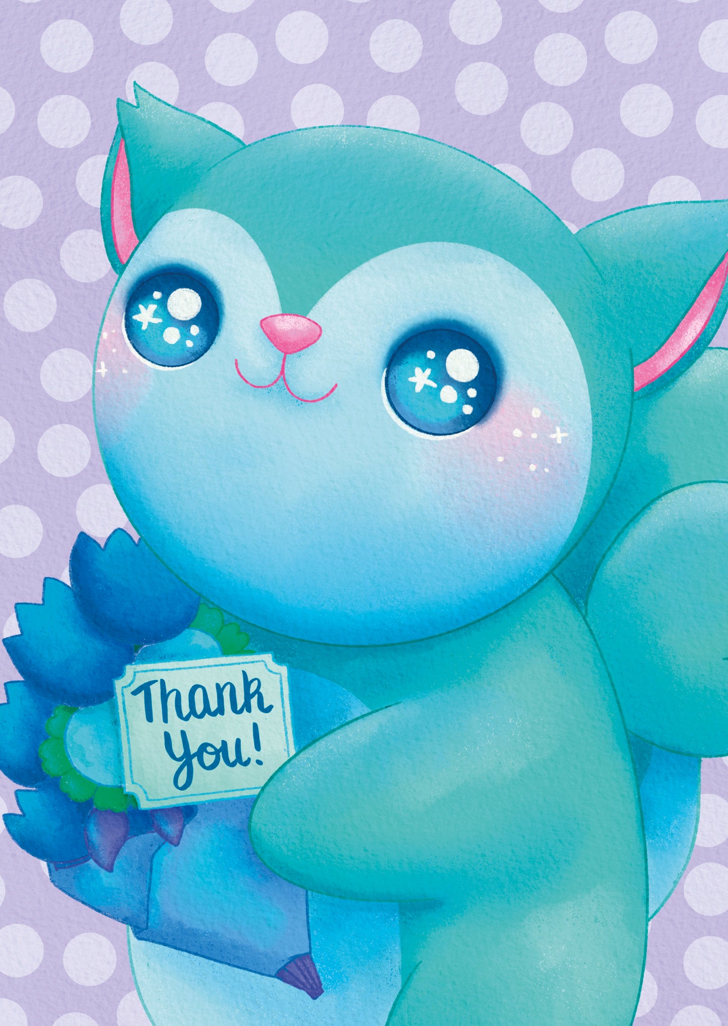 eco recycled handmade art postcard kawaii squirrel squirrels uk cards hand made artist exclusive purple turquoise floral flowers flower thank you thankyou bouquet polka dots spots  cute kawaii stationery postcards gift gifts card sugarmochi sugar mochi