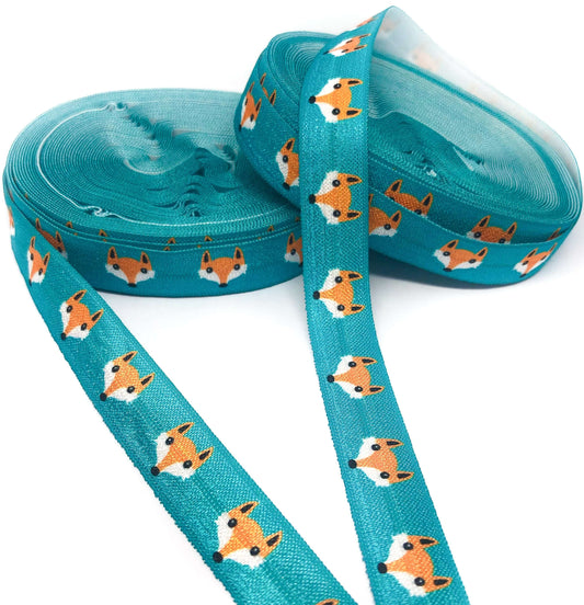 teal fox foxes fold over elastic foe ribbon one yard 15mm wide